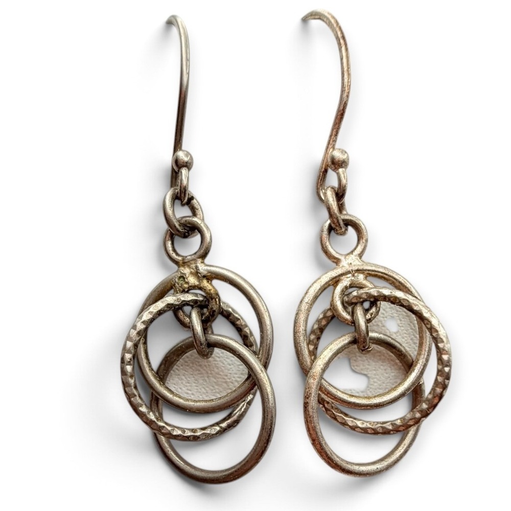 Signed Interlocking Circle Dangle Earrings French Wire Modern Geometric